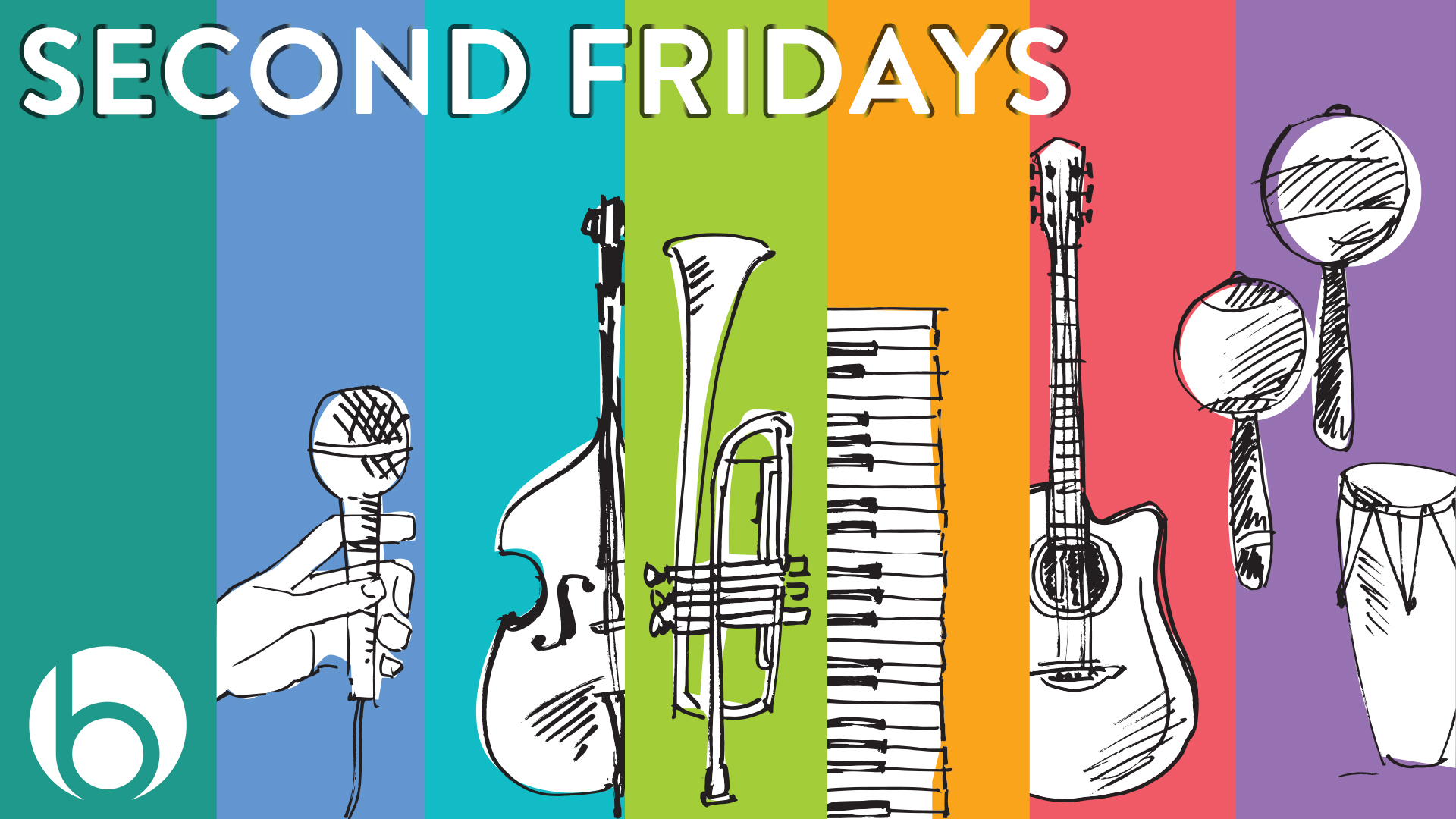 Colored stripes in background, text reading Second Fridays, black and white drawings of musical instruments