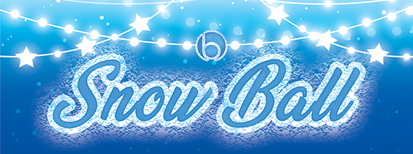 Snow Ball logo on a blue background with stars and white lights